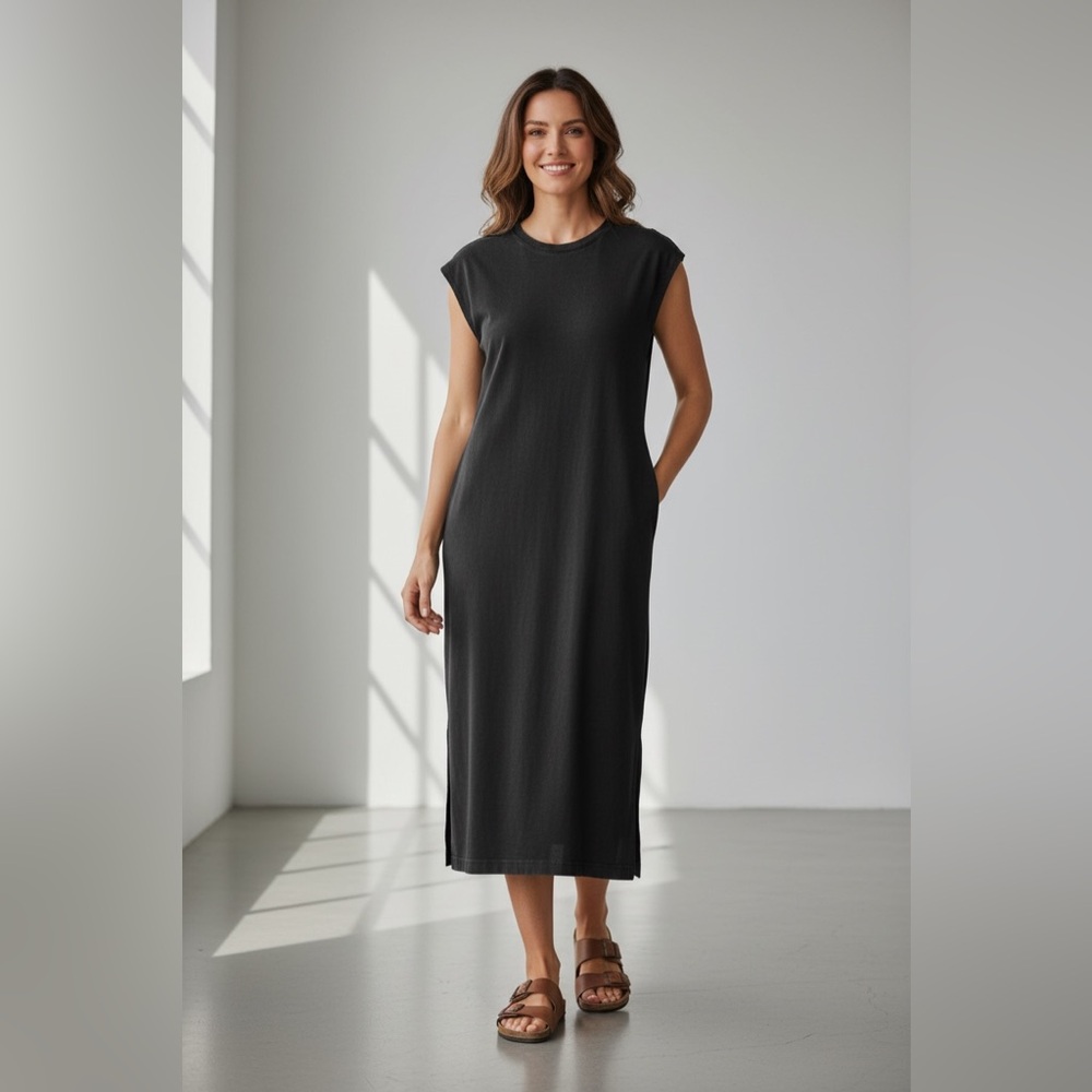 HYFVE Women's 100% Cotton Mineral Wash Cap Sleeve Midi Dress in Black
